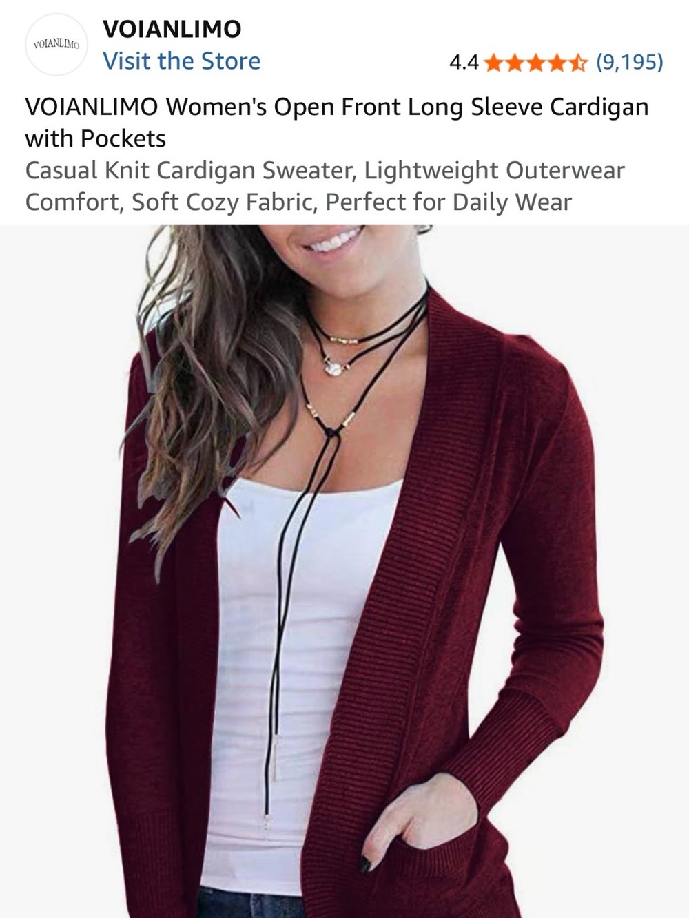 Women's Open Front Long Sleeve Cardigan - Burgundy